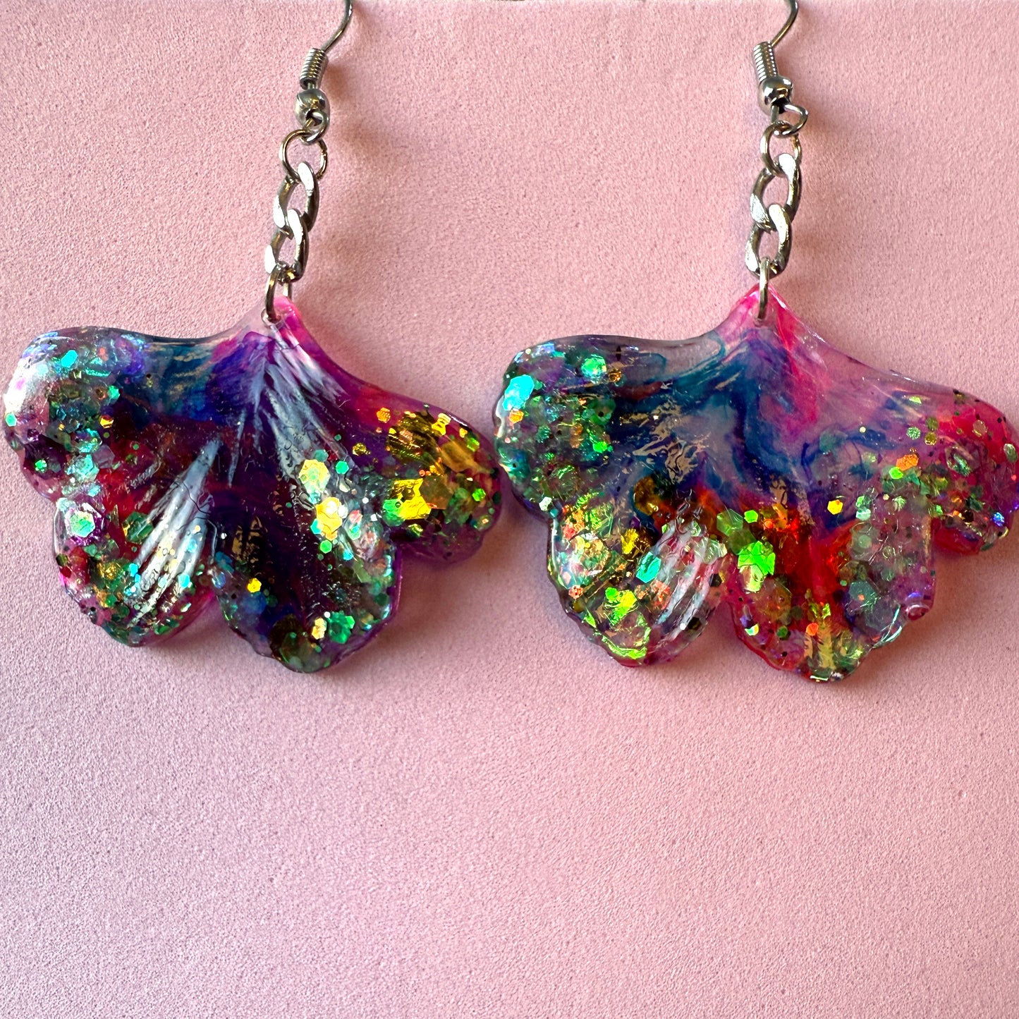 Ginkgo Leaf earrings - Pink/Purple Glitter