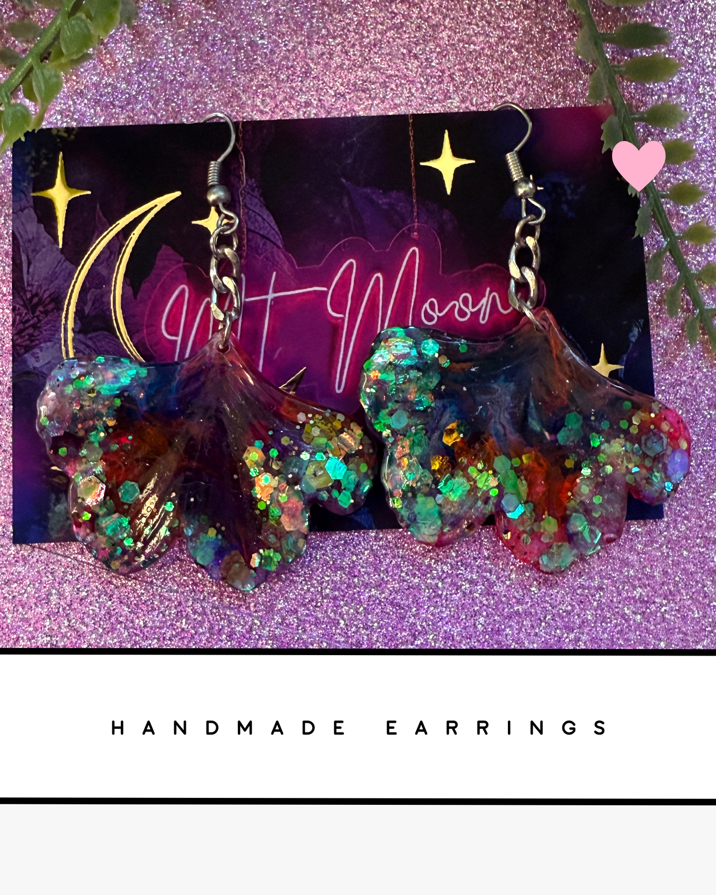 Ginkgo Leaf earrings - Pink/Purple Glitter