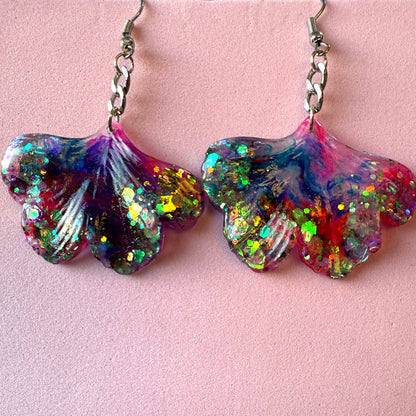 Ginkgo Leaf earrings - Pink/Purple Glitter
